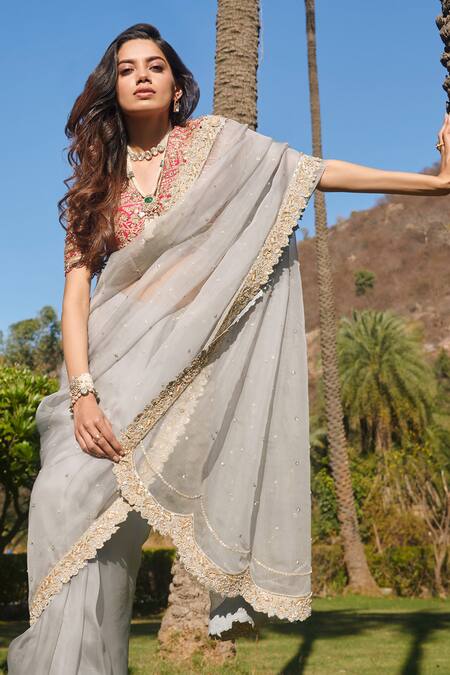 Sahil Kochhar Blue Organza Blouse V Neck Mureed Saree Set Online at Aza Fashions Sahil Kochhar_Blue Organza Blouse V Neck Mureed Saree Set _Online_at_Aza_Fashions