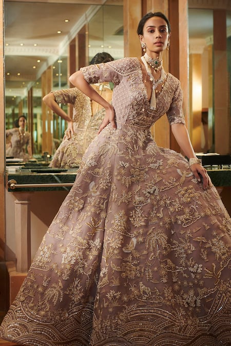 Shop_Sahil Kochhar_Purple Silk Organza V Neck Rangreja Gown _at_Aza_Fashions