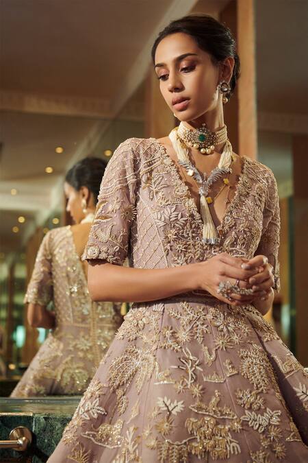 Buy_Sahil Kochhar_Purple Silk Organza V Neck Rangreja Gown _Online_at_Aza_Fashions