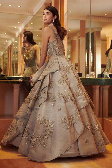 Shop Sahil Kochhar Blue Silk Organza Round Hayat Tiered Gown at Aza Fashions Shop_Sahil Kochhar_Blue Silk Organza Round Hayat Tiered Gown _at_Aza_Fashions