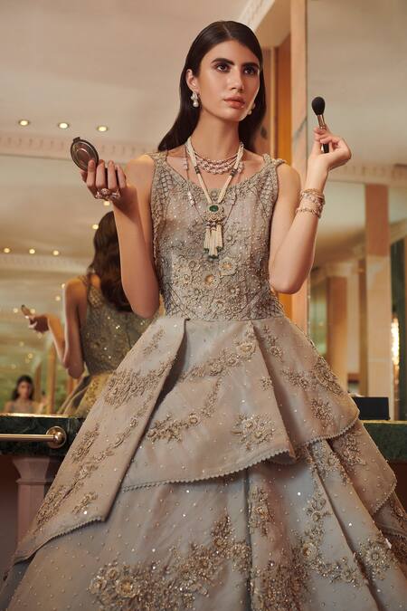 Sahil Kochhar Blue Silk Organza Round Hayat Tiered Gown Online at Aza Fashions Sahil Kochhar_Blue Silk Organza Round Hayat Tiered Gown _Online_at_Aza_Fashions