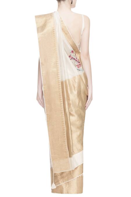 Shop_Prama By Pratima Pandey_Gold Kora Cotton Embroidered Thread Work Scoop Chanderi Silk Saree  _at_Aza_Fashions