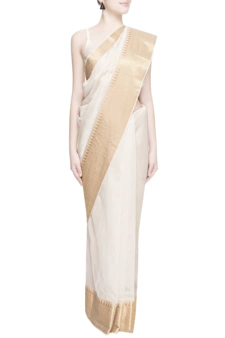 Prama By Pratima Pandey_Gold Kora Cotton Embroidered Thread Work Scoop Chanderi Silk Saree  _Online_at_Aza_Fashions