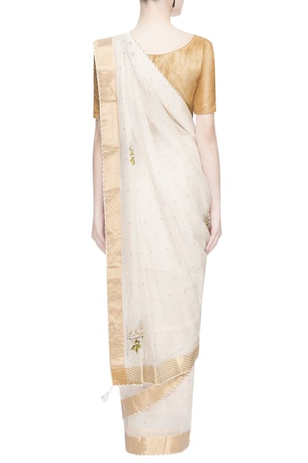 Shop_Prama By Pratima Pandey_Gold Kora Cotton Embroidered Thread Work Chanderi Silk Saree  _at_Aza_Fashions