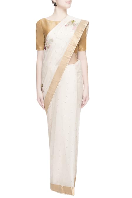 Prama By Pratima Pandey_Gold Kora Cotton Embroidered Thread Work Chanderi Silk Saree  _Online_at_Aza_Fashions