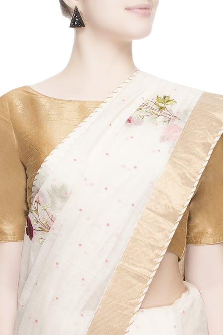 Buy_Prama By Pratima Pandey_Gold Kora Cotton Embroidered Thread Work Chanderi Silk Saree  _Online_at_Aza_Fashions