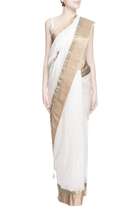 Prama By Pratima Pandey Gold Chanderi Silk Embroidered Thread Work Saree Online at Aza Fashions Prama By Pratima Pandey_Gold Chanderi Silk Embroidered Thread Work Saree _Online_at_Aza_Fashions