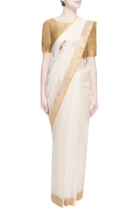 Prama By Pratima Pandey Gold Chanderi Silk Embroidered Thread Work Saree Online at Aza Fashions Prama By Pratima Pandey_Gold Chanderi Silk Embroidered Thread Work Saree _Online_at_Aza_Fashions