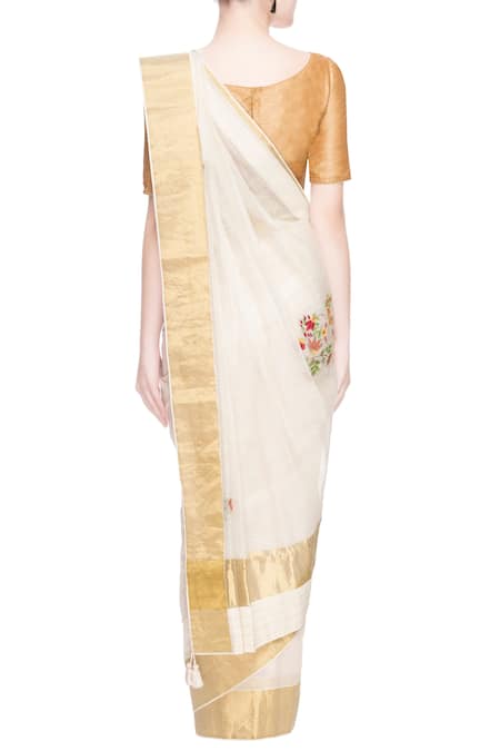 Shop_Prama By Pratima Pandey_Gold Kora Cotton Embroidered Thread Work Chanderi Silk Saree  _at_Aza_Fashions
