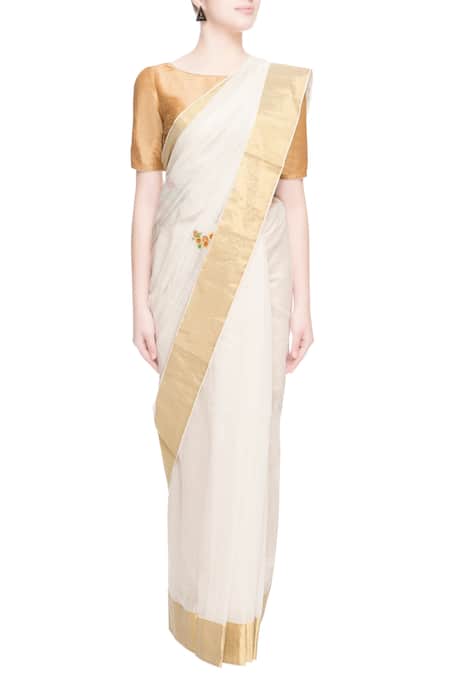 Prama By Pratima Pandey_Gold Kora Cotton Embroidered Thread Work Chanderi Silk Saree  _Online_at_Aza_Fashions