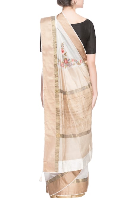 Shop_Prama By Pratima Pandey_Gold Kora Cotton Embroidered Thread Work Chanderi Silk Saree  _at_Aza_Fashions