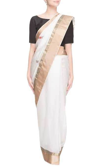 Prama By Pratima Pandey_Gold Kora Cotton Embroidered Thread Work Chanderi Silk Saree  _Online_at_Aza_Fashions