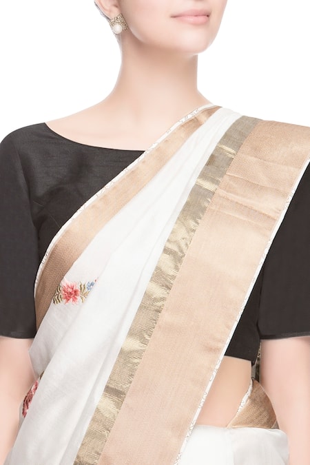 Buy_Prama By Pratima Pandey_Gold Kora Cotton Embroidered Thread Work Chanderi Silk Saree  _Online_at_Aza_Fashions