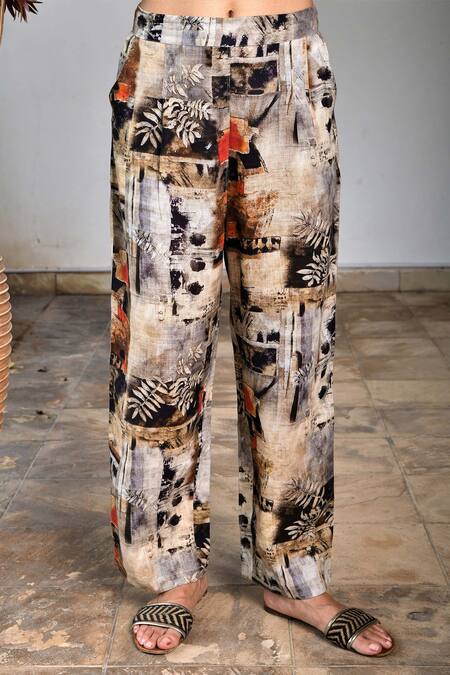 Linen Bloom_Multi Color Pure Linen Collage Print Pants _Online_at_Aza_Fashions