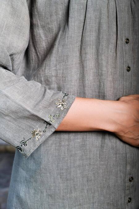 Shop_Linen Bloom_Grey Pure Linen Embroidery Round Tunic _Online_at_Aza_Fashions
