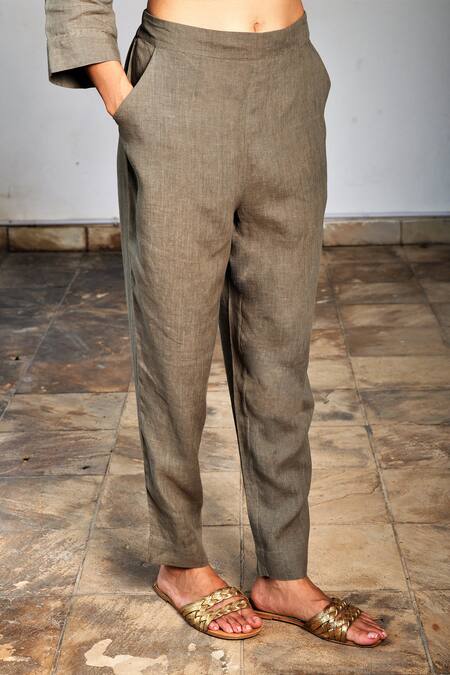 Linen Bloom_Grey Pure Linen Pants_Online_at_Aza_Fashions
