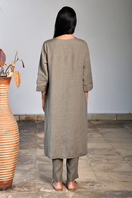 Shop_Linen Bloom_Grey Pure Linen Embroidery Round Tunic _at_Aza_Fashions