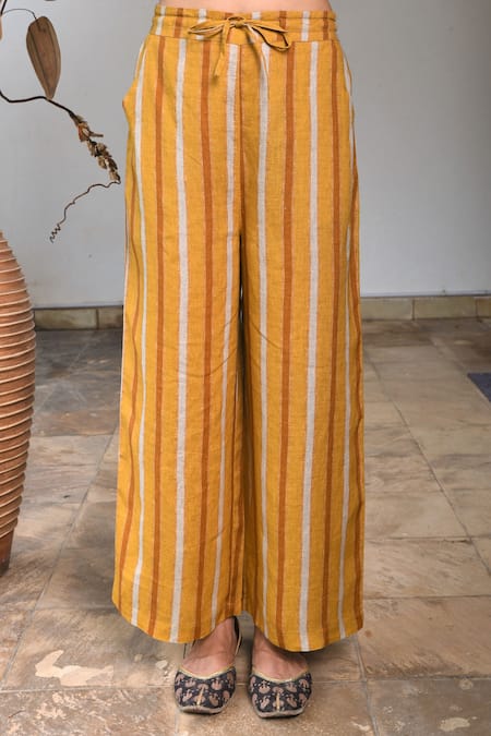 Buy_Linen Bloom_Yellow Pure Linen Pants_Online_at_Aza_Fashions