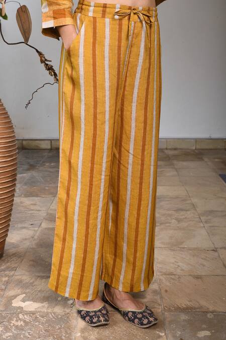 Shop_Linen Bloom_Yellow Pure Linen Pants_Online_at_Aza_Fashions