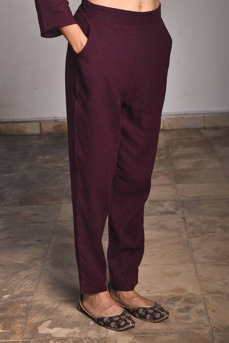Linen Bloom_Purple Pure Linen Pants _Online_at_Aza_Fashions
