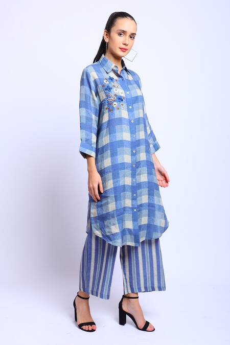 Linen Bloom_Blue 100% Linen Printed Digital Collared Neck Checkered Tunic _Online_at_Aza_Fashions