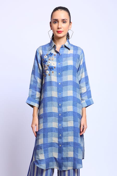 Buy_Linen Bloom_Blue 100% Linen Printed Digital Collared Neck Checkered Tunic _Online_at_Aza_Fashions