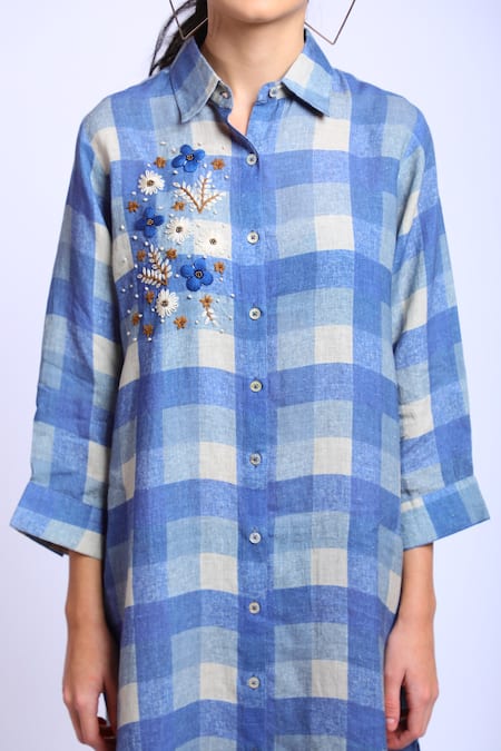 Shop_Linen Bloom_Blue 100% Linen Printed Digital Collared Neck Checkered Tunic _Online_at_Aza_Fashions