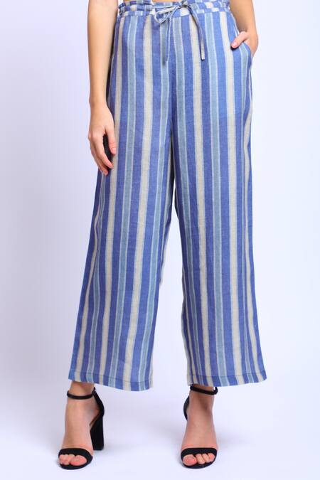 Linen Bloom_Blue 100% Linen Printed Digital Striped Pant _Online_at_Aza_Fashions