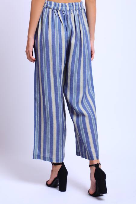 Buy_Linen Bloom_Blue 100% Linen Printed Digital Striped Pant _Online_at_Aza_Fashions
