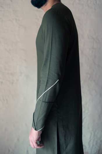 Shop_Gram Of Ink_Green And Lycra Full Sleeve Kurta Set_Online_at_Aza_Fashions