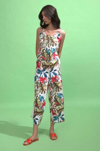 Color Linen Tropical Print Jumpsuit 