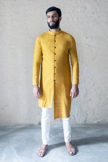GRAM OF INK_Yellow And Lycra Asymmetrical Kurta Set_Online_at_Aza_Fashions