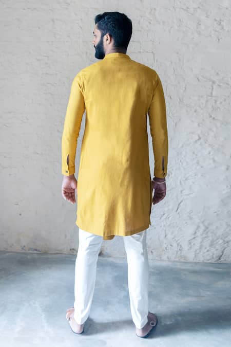 Shop_GRAM OF INK_Yellow And Lycra Asymmetrical Kurta Set_at_Aza_Fashions