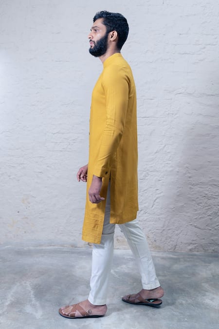 Buy_GRAM OF INK_Yellow And Lycra Asymmetrical Kurta Set_Online_at_Aza_Fashions