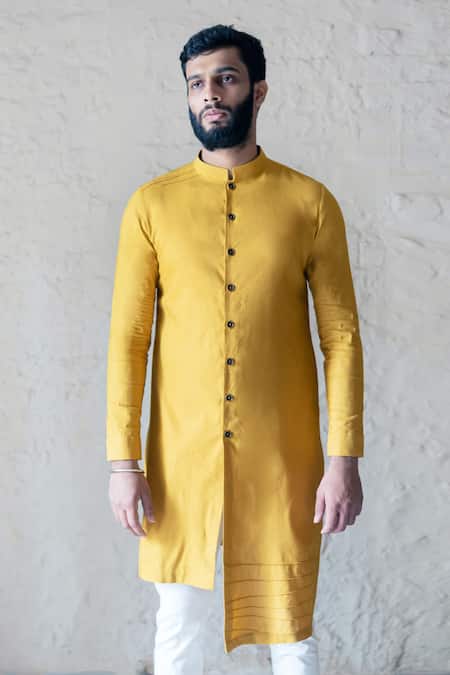 Shop_GRAM OF INK_Yellow And Lycra Asymmetrical Kurta Set_Online_at_Aza_Fashions