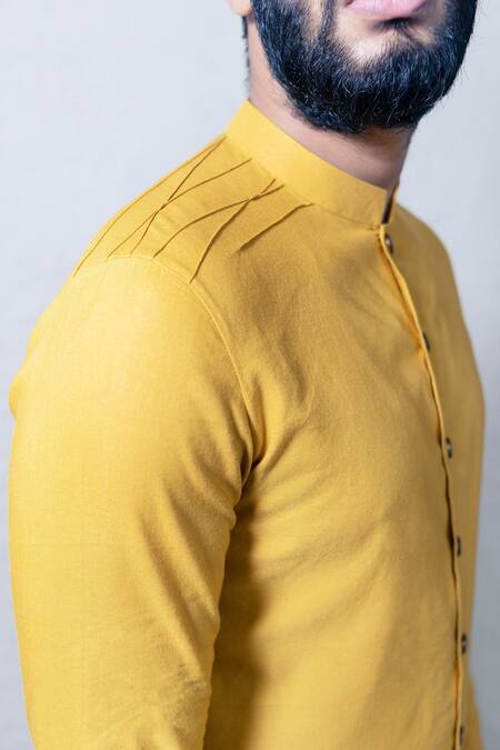 GRAM OF INK_Yellow And Lycra Asymmetrical Kurta Set_at_Aza_Fashions