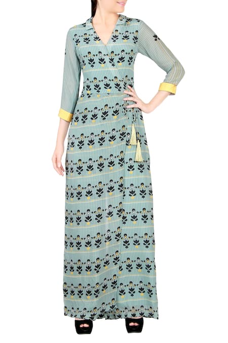 Soup By Sougat Paul_Blue Crepe Checkered, Floral V Neck Printed Wrap Jumpsuit _Online_at_Aza_Fashions