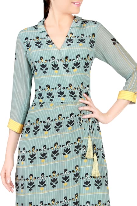 Buy_Soup By Sougat Paul_Blue Crepe Checkered, Floral V Neck Printed Wrap Jumpsuit _Online_at_Aza_Fashions