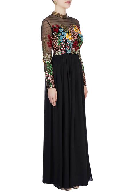 Huemn_Black Embroidered Gown _Online_at_Aza_Fashions