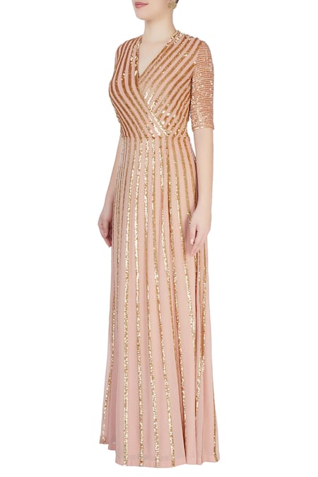 Buy_Huemn_Gold Georgette Sequins, Stripes V Neck Embellished Gown _Online_at_Aza_Fashions