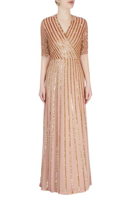 Shop_Huemn_Gold Georgette Sequins, Stripes V Neck Embellished Gown _Online_at_Aza_Fashions
