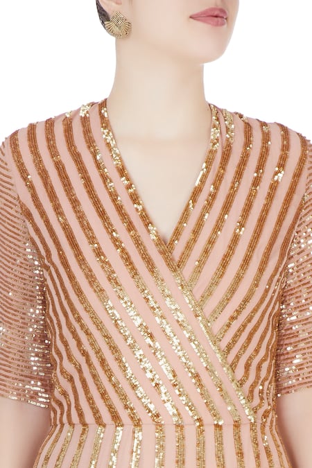 Huemn_Gold Georgette Sequins, Stripes V Neck Embellished Gown _at_Aza_Fashions