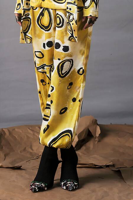 Shop AK-OK Yellow Silk Embroidery, Mirrors Printed Blazer And Pant Set Online at Aza Fashions Shop_AK-OK_Yellow Silk Embroidery, Mirrors Printed Blazer And Pant Set _Online_at_Aza_Fashions