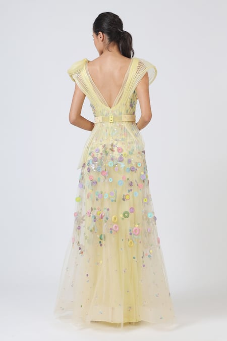 Shop Geisha Designs Yellow Nylon And Rayon Crystal V Neck Lara Cocktail Gown at Aza Fashions Shop_Geisha Designs_Yellow Nylon And Rayon Crystal V Neck Lara Cocktail Gown _at_Aza_Fashions