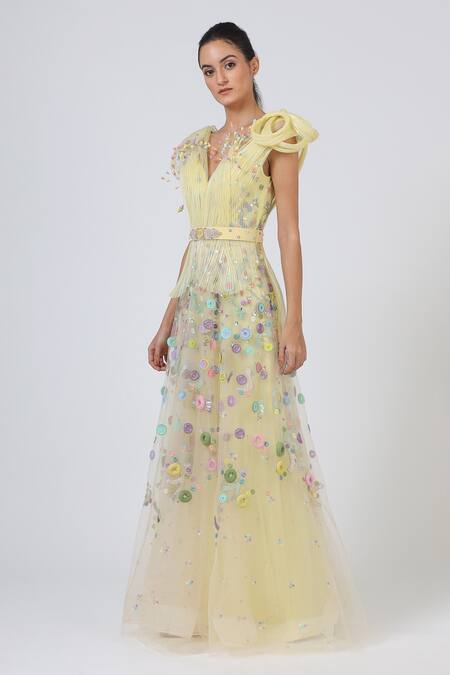 Geisha Designs Yellow Nylon And Rayon Crystal V Neck Lara Cocktail Gown Online at Aza Fashions Geisha Designs_Yellow Nylon And Rayon Crystal V Neck Lara Cocktail Gown _Online_at_Aza_Fashions