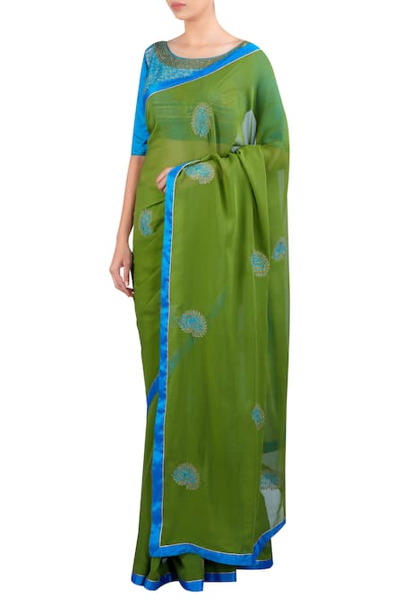 LATHA PUTTANNA Green Georgette Embroidery Mango Motifs Round Neck Saree With Blouse  