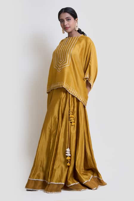 Brij_Yellow Chanderi Silk Embroidery, Cut Work Round Neck Kaftan Top And Lehenga Set _Online_at_Aza_Fashions