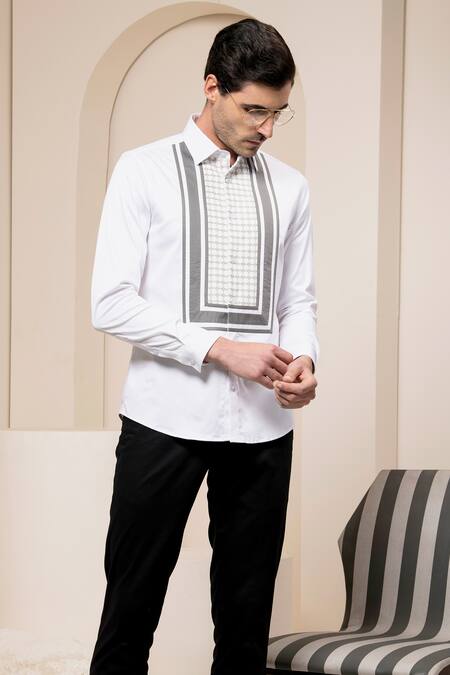 Abkasa_White Cotton Geometric Embroidered Yoke Shirt_Online_at_Aza_Fashions