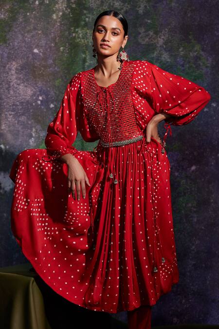5elements_Red Modal Satin Printed Bandhani Round And Hand Stitched Anarkali & Pant Set _Online_at_Aza_Fashions