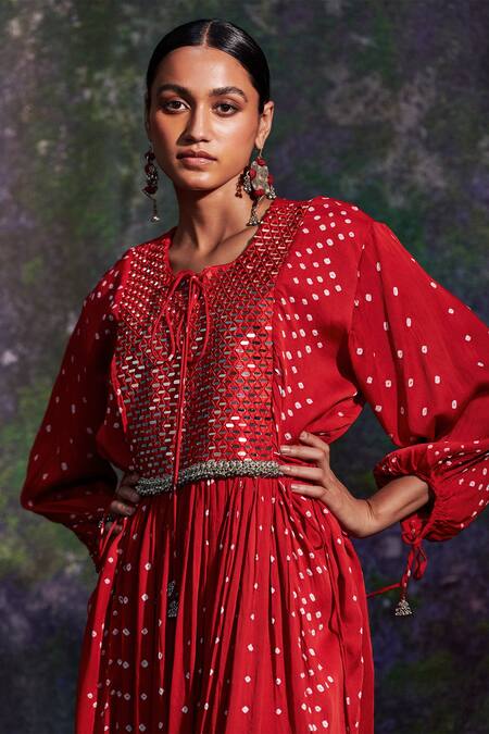 Buy_5elements_Red Modal Satin Printed Bandhani Round And Hand Stitched Anarkali & Pant Set _Online_at_Aza_Fashions